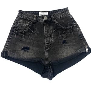 One Teaspoon Shorts Black High Waist Bandits Distressed Button Fly Denim Size 24